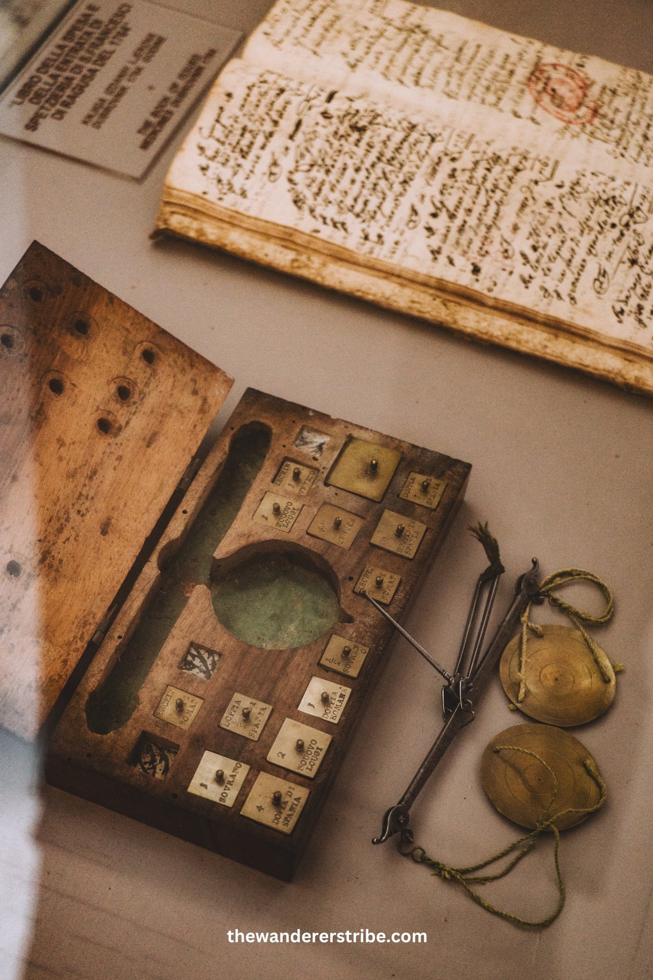 Antique wooden apothecary scale and handwritten ledger displayed in Dubrovnik’s Franciscan Monastery Museum.